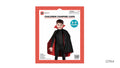 Black cape with red lining; Raised red collar; Cape shown on a child; Red and white retail packaging;