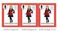Red and black dress; High collar; Flared sleeves with red patterned panels; Red patterned skirt panels with a black hem;