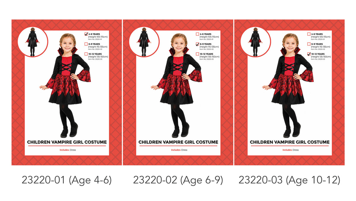 Red and black dress; High collar; Flared sleeves with red patterned panels; Red patterned skirt panels with a black hem;