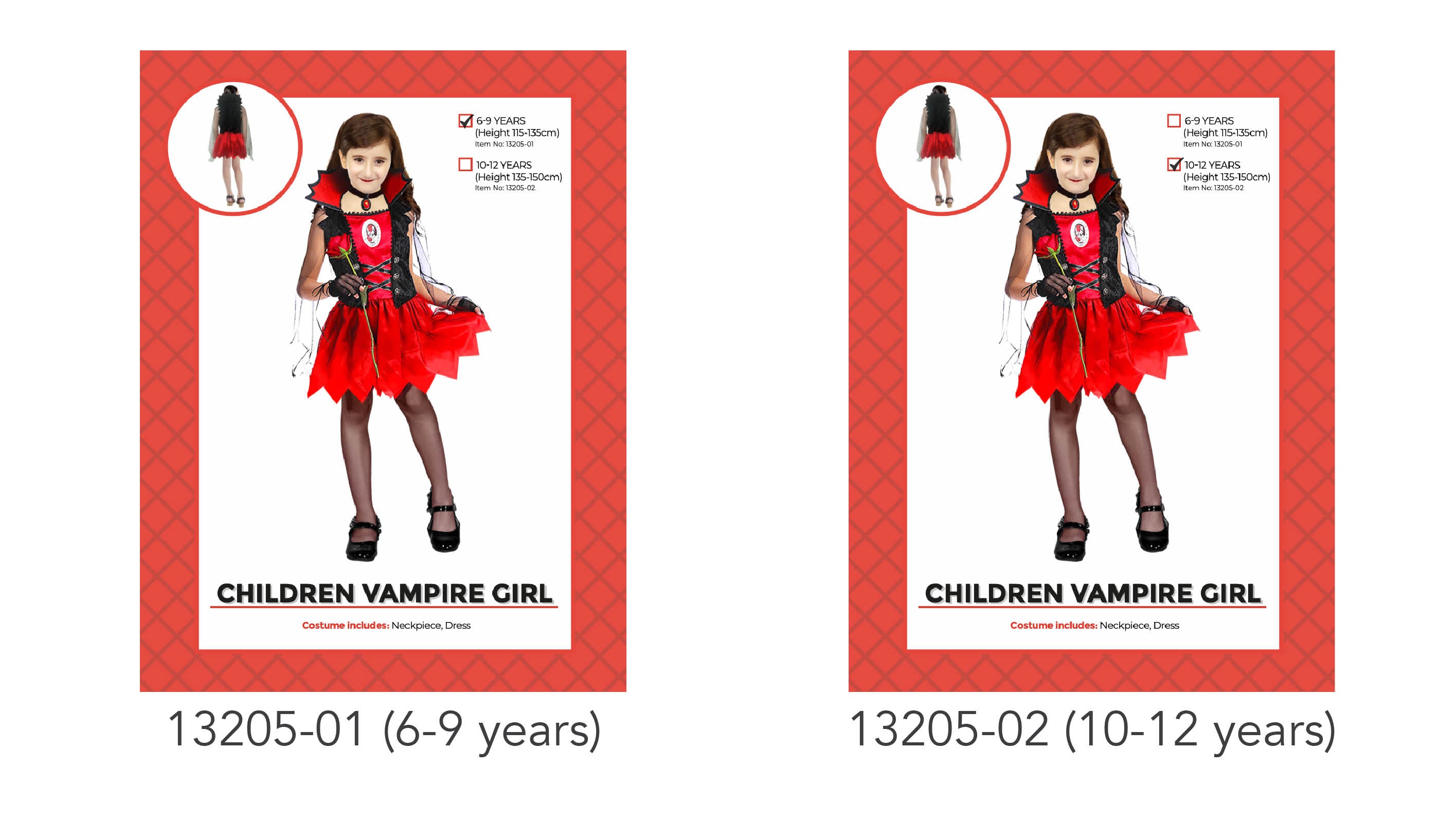 red and black color scheme; dress with jagged hem; matching neckpiece with gem; long sleeves with sheer black fabric; available in 6-9 and 10-12 years sizes;