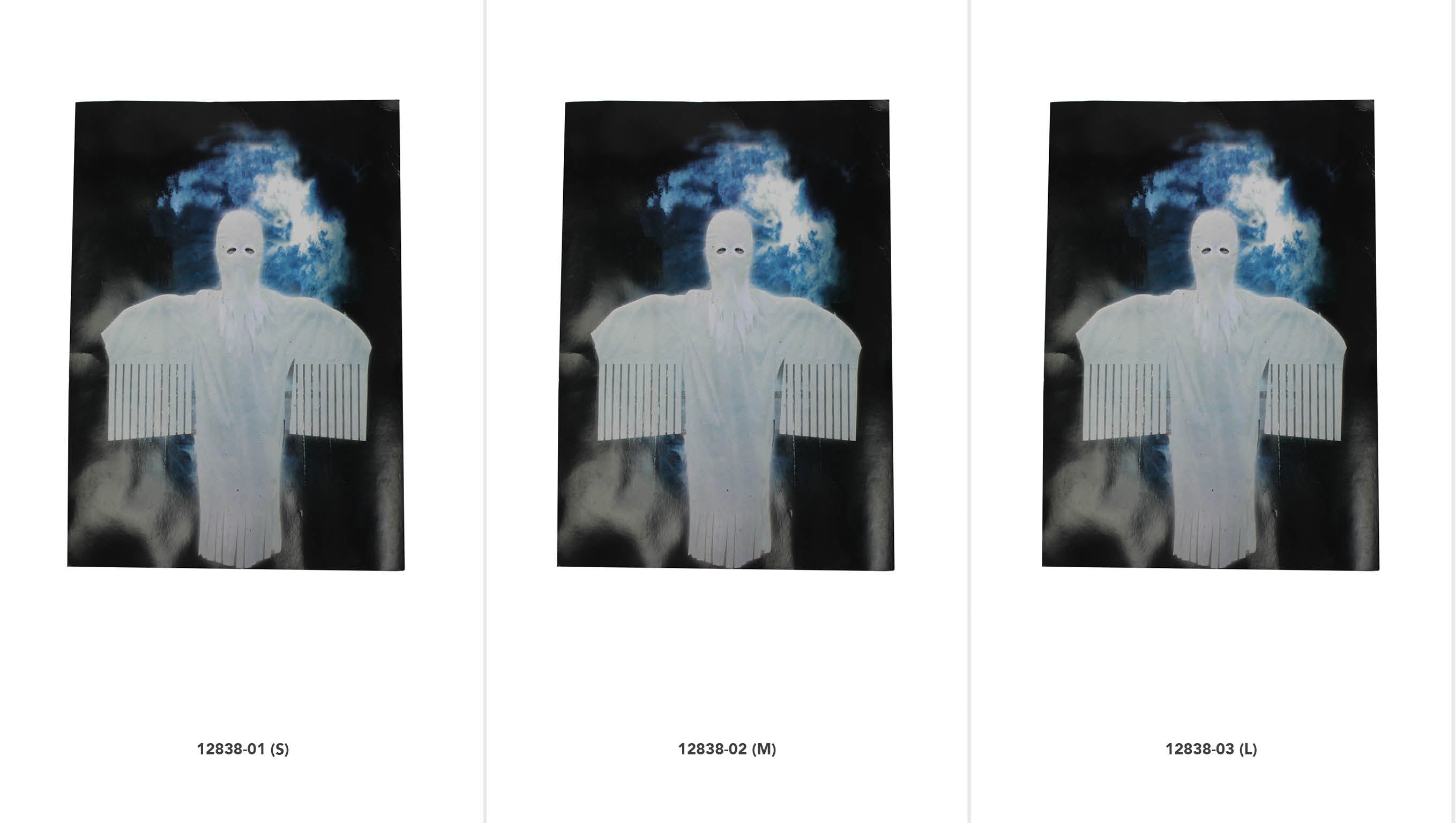 white fabric; fringe detail on sleeves and bottom; eye holes in hood; ghost shape;