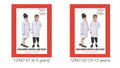 white long-sleeve lab coat; button front; front pockets; available in 6-9 and 10-12 years sizes;