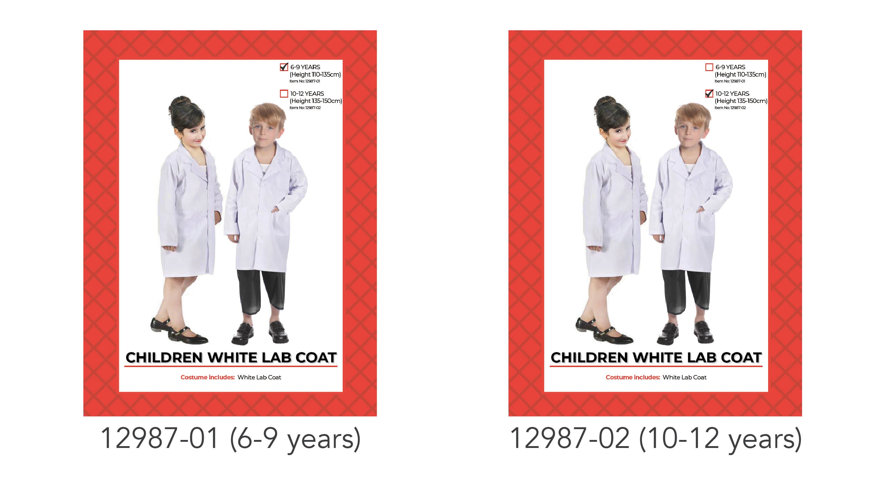 white long-sleeve lab coat; button front; front pockets; available in 6-9 and 10-12 years sizes;