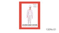 white rabbit costume includes hat, top, gloves, pants with tail, foot covers; soft fabric with a light sheen; child size suitable for 4-6 years; pink accents on gloves and nose; full coverage outfit with attached tail;