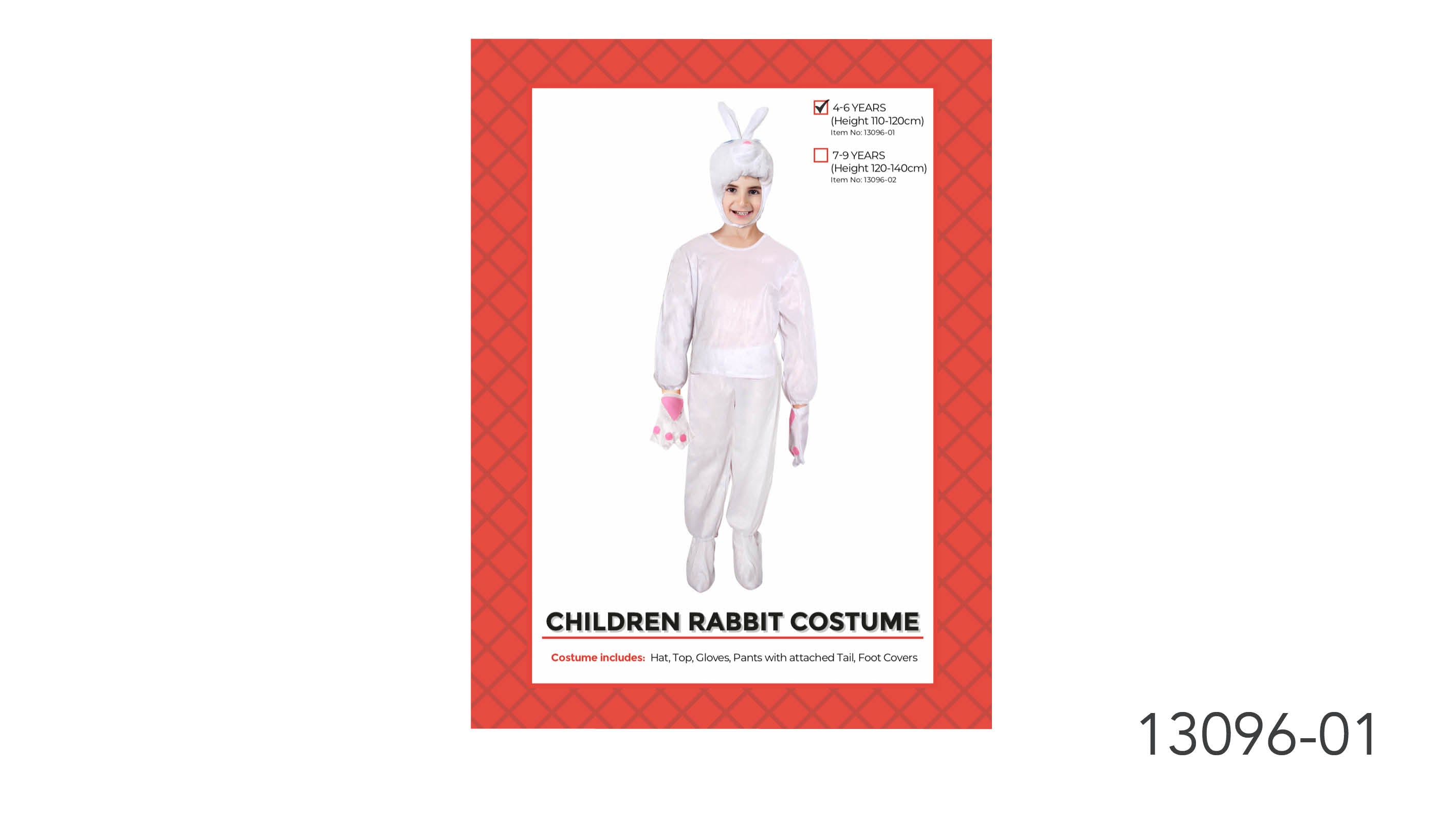 white rabbit costume includes hat, top, gloves, pants with tail, foot covers; soft fabric with a light sheen; child size suitable for 4-6 years; pink accents on gloves and nose; full coverage outfit with attached tail;