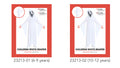Long white hooded tunic; Wide, draped sleeves; Jagged hem; Black-and-white mask; Red patterned product packaging;