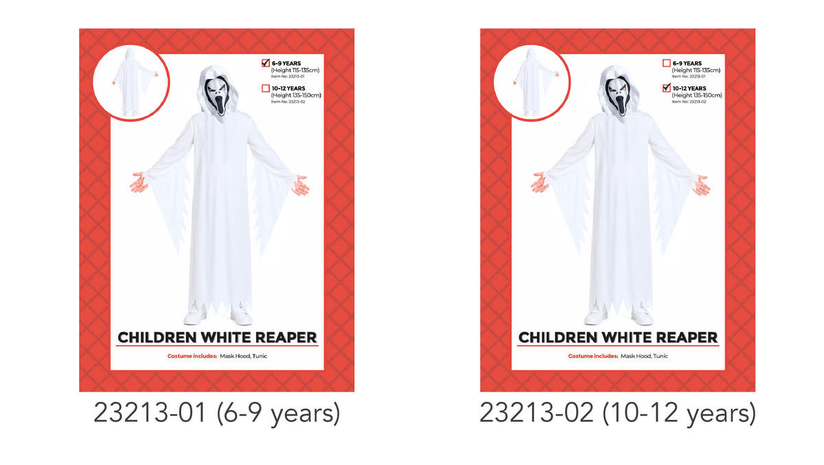 Long white hooded tunic; Wide, draped sleeves; Jagged hem; Black-and-white mask; Red patterned product packaging;