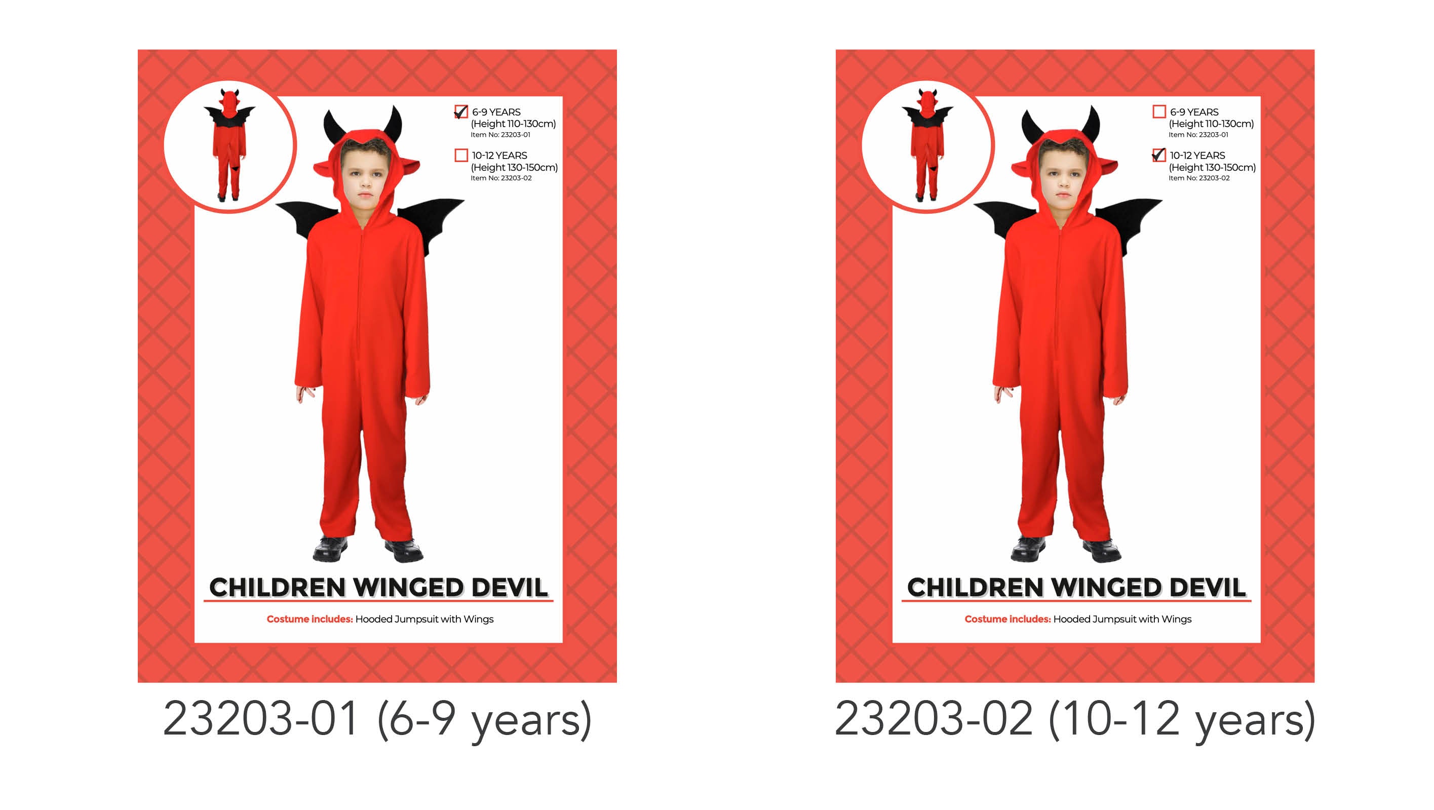 red jumpsuit; black wings attached on back; hood with devil ears and horns; full-length jumpsuit; sizes for 6-9 and 10-12 years;