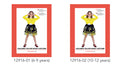 yellow long-sleeve top with printed musical notes and flowers; black skirt with yellow and white floral and musical patterns; white elastic waistband; child size options labeled 6-9 or 10-12 years;