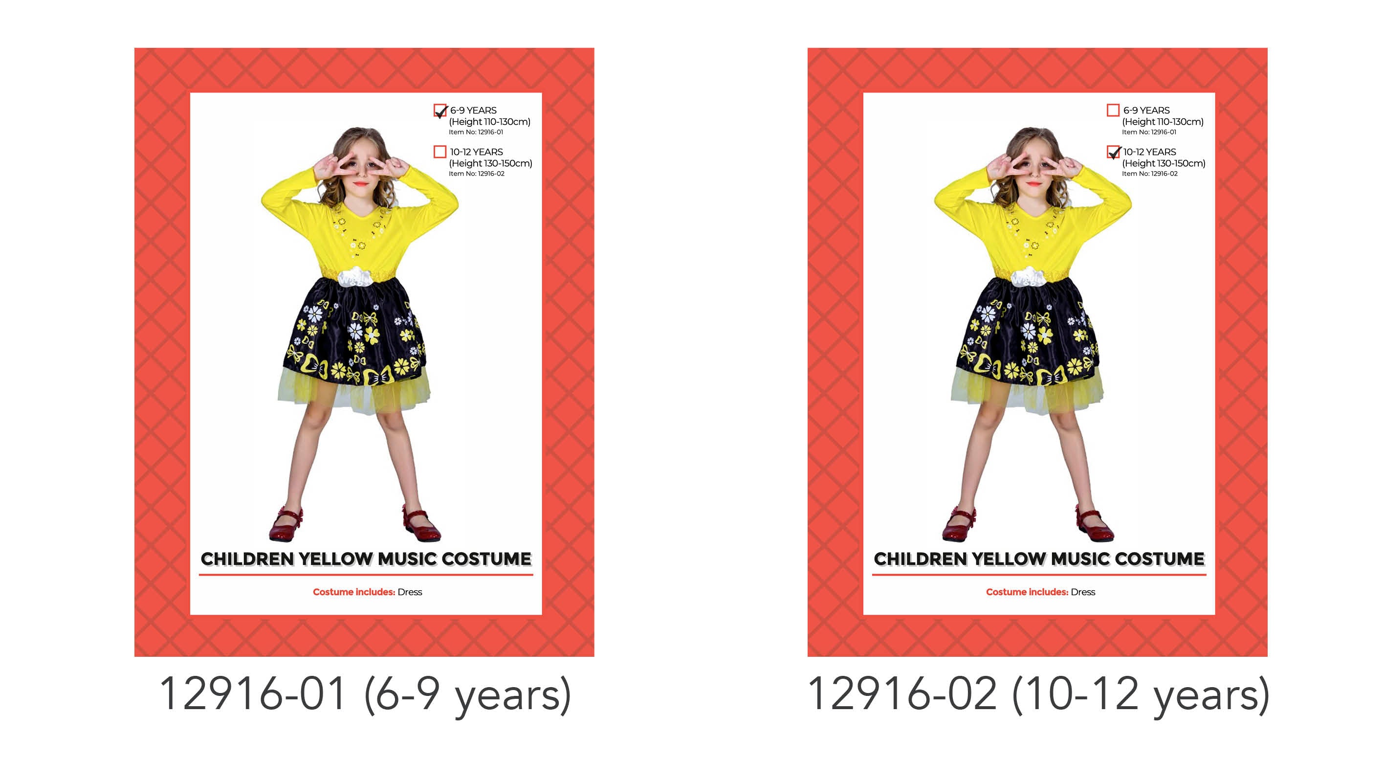 yellow long-sleeve top with printed musical notes and flowers; black skirt with yellow and white floral and musical patterns; white elastic waistband; child size options labeled 6-9 or 10-12 years;