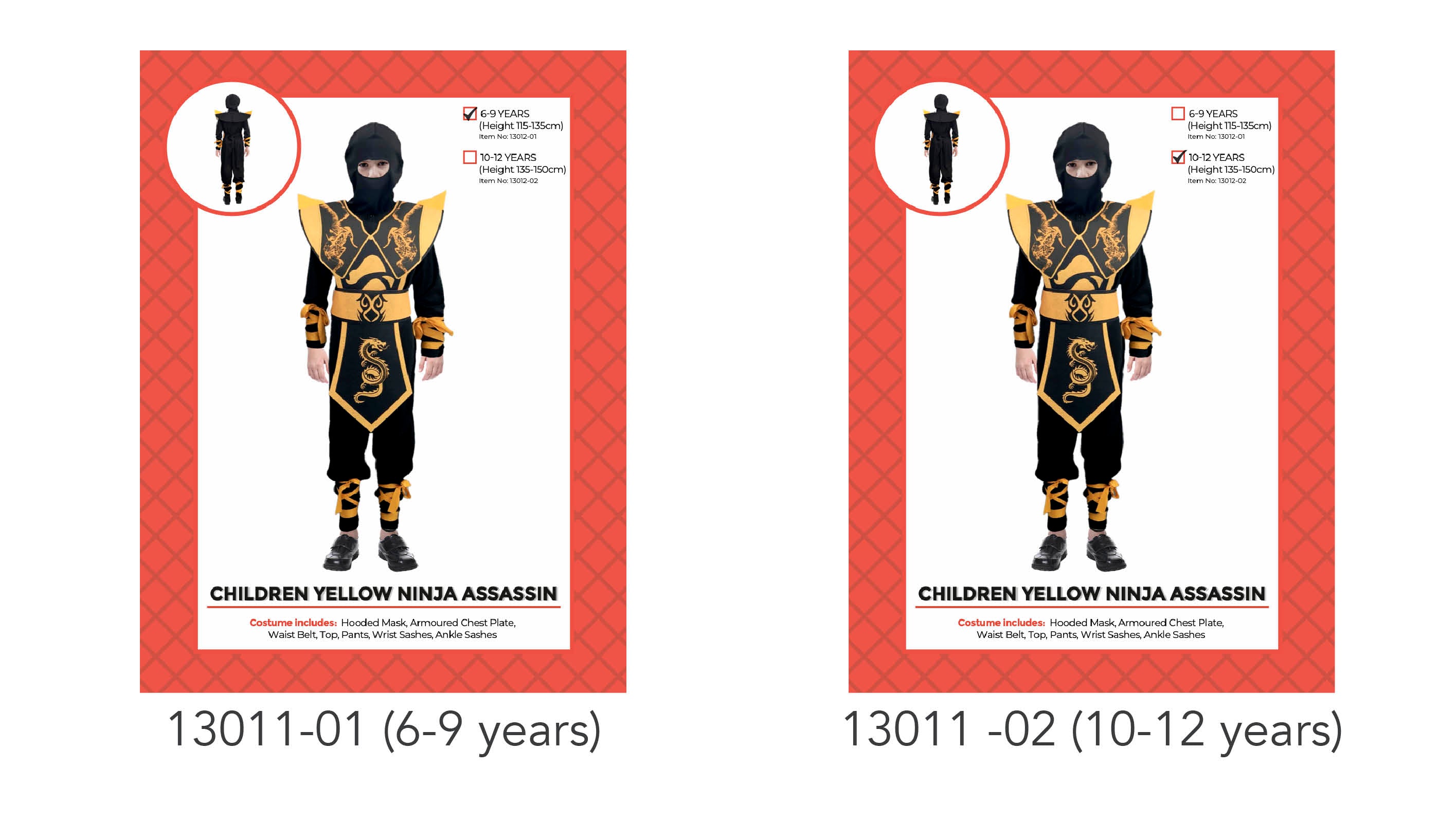 black outfit with yellow dragon motifs; includes hooded mask; armoured chest plate visible; yellow waist belt and sashes; long pants and wrist/ankle sashes;