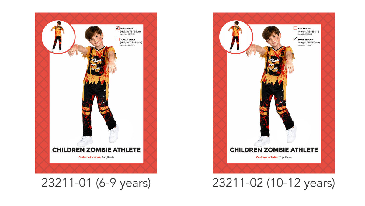 Yellow-orange short-sleeved top with a dark zombie graphic; Black pants with red and yellow printed details; Red and black splatter-style pattern across the outfit; Costume packaging shows size options for ages 6–9 and 10–12;