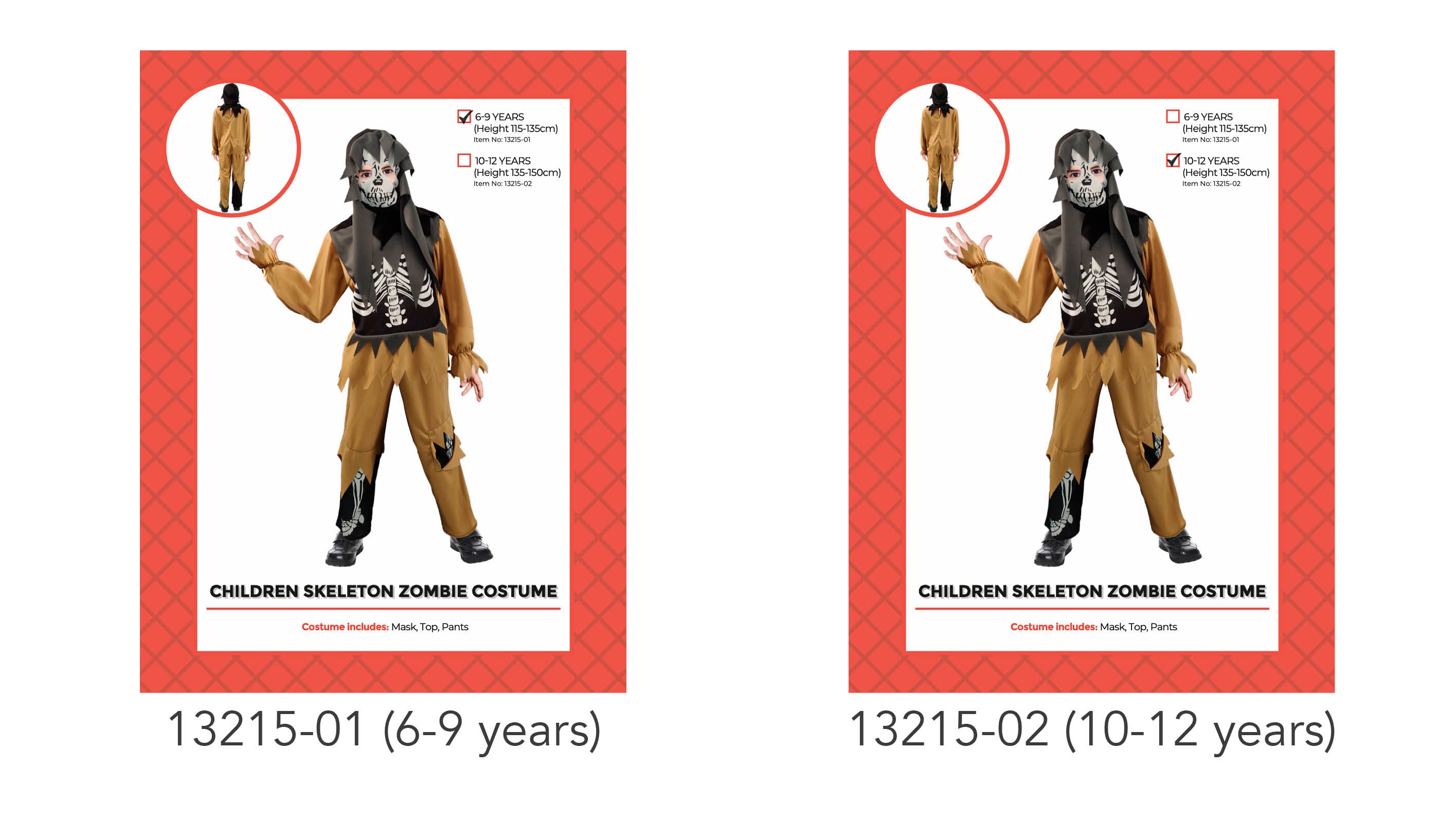 brown and black colour scheme; skeleton print on top and pants; includes a mask; ragged edges on sleeves and pants;