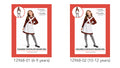 Chocolate brown dress with white apron and ruffle hem; Black and white striped stockings; Long sleeves with striped cuffs; Dress with crossed white straps on chest;