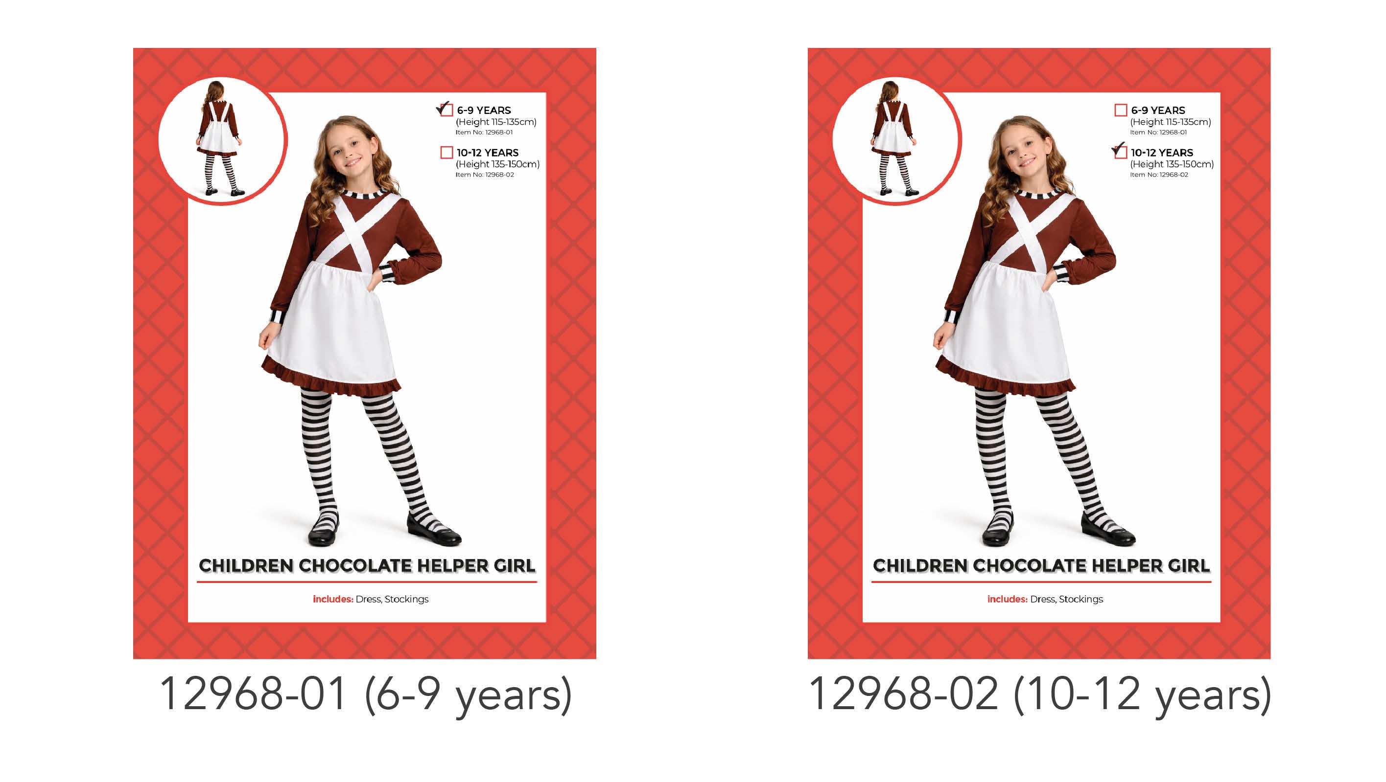 Chocolate brown dress with white apron and ruffle hem; Black and white striped stockings; Long sleeves with striped cuffs; Dress with crossed white straps on chest;