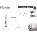 chrome finish; upright freestanding design; round base; holds multiple toilet rolls; slim vertical frame;