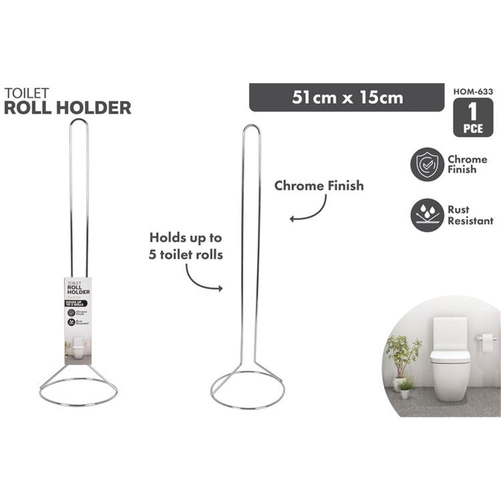 chrome finish; upright freestanding design; round base; holds multiple toilet rolls; slim vertical frame;