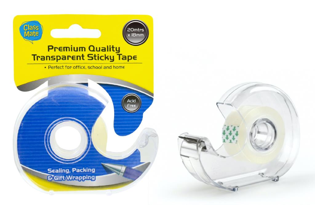 Transparent plastic tape dispenser; Blue and yellow packaging card; Tape roll inside dispenser; Tape width approximately 18mm; Text highlights 20m length and acid free tape;