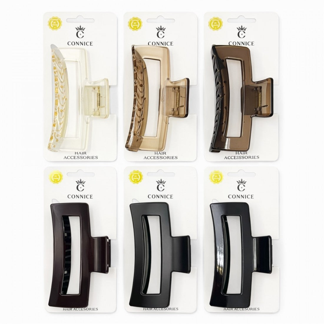 Large rectangular claw clip with cut-out centre; Approx. 12.5cm length; Assorted neutral colours including clear, brown and black; Packaged on white CONNICE branded backing card; Curved shape with interlocking teeth and spring hinge;