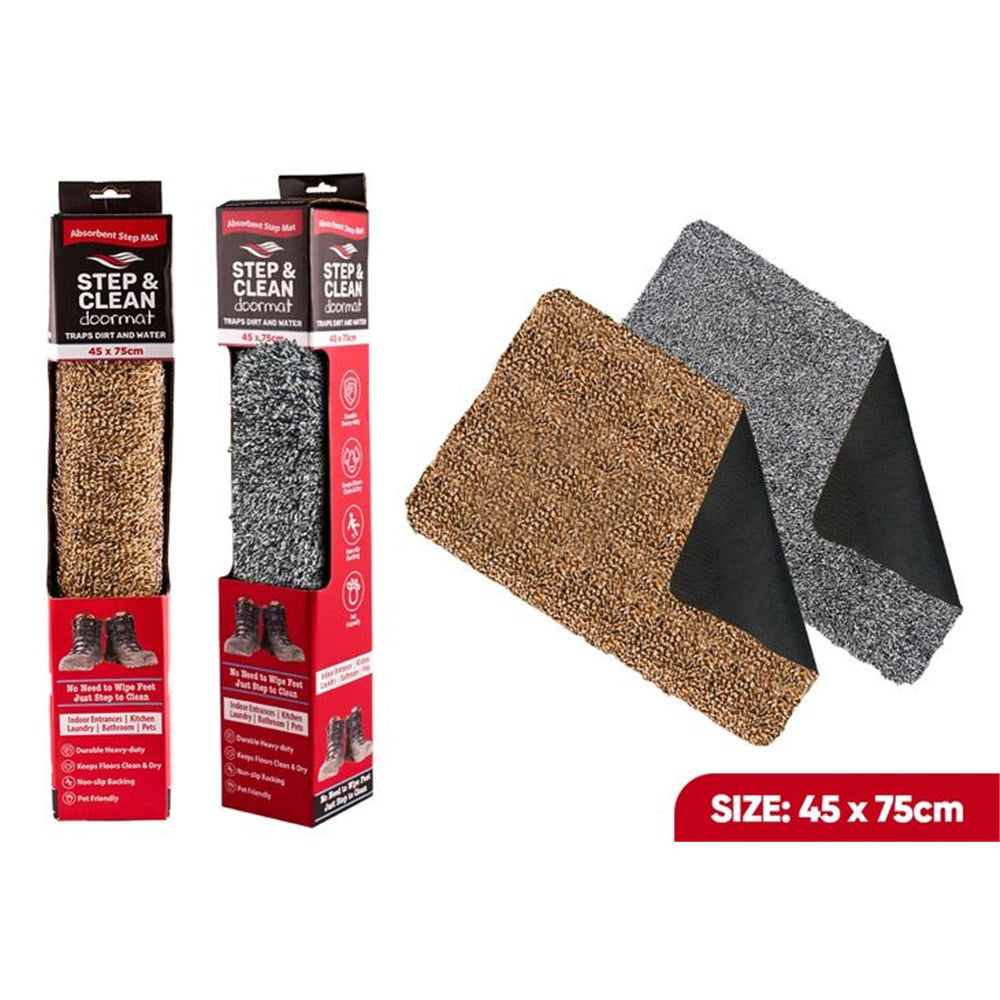 Large rectangular mat 45x75cm; Available in brown and grey colours; Textured absorbent surface; Non-slip black backing; Retail box packaging with red and black design;