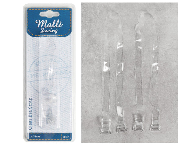 clear transparent strap material; pair of straps; plastic adjustable sliders; packaged in a clear blister pack with blue header; strap length approximately 38cm;