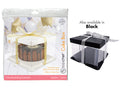 transparent box with clear walls; white square base; gold ribbon tied around; packaging shows cake inside; also available with black base;