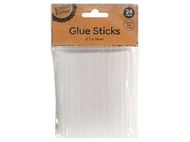 24 clear glue sticks; plastic sealed packaging; kraft paper label with brand name; pack size and dimensions printed on label;
