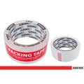 Clear tape roll with transparent appearance; Labelled with red and white packing tape branding; Tape width visibly about 48mm; Inner core with DURAMAX branding;