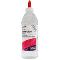 clear liquid glue; transparent plastic bottle; white label with pink and black design; red pointed nozzle cap;