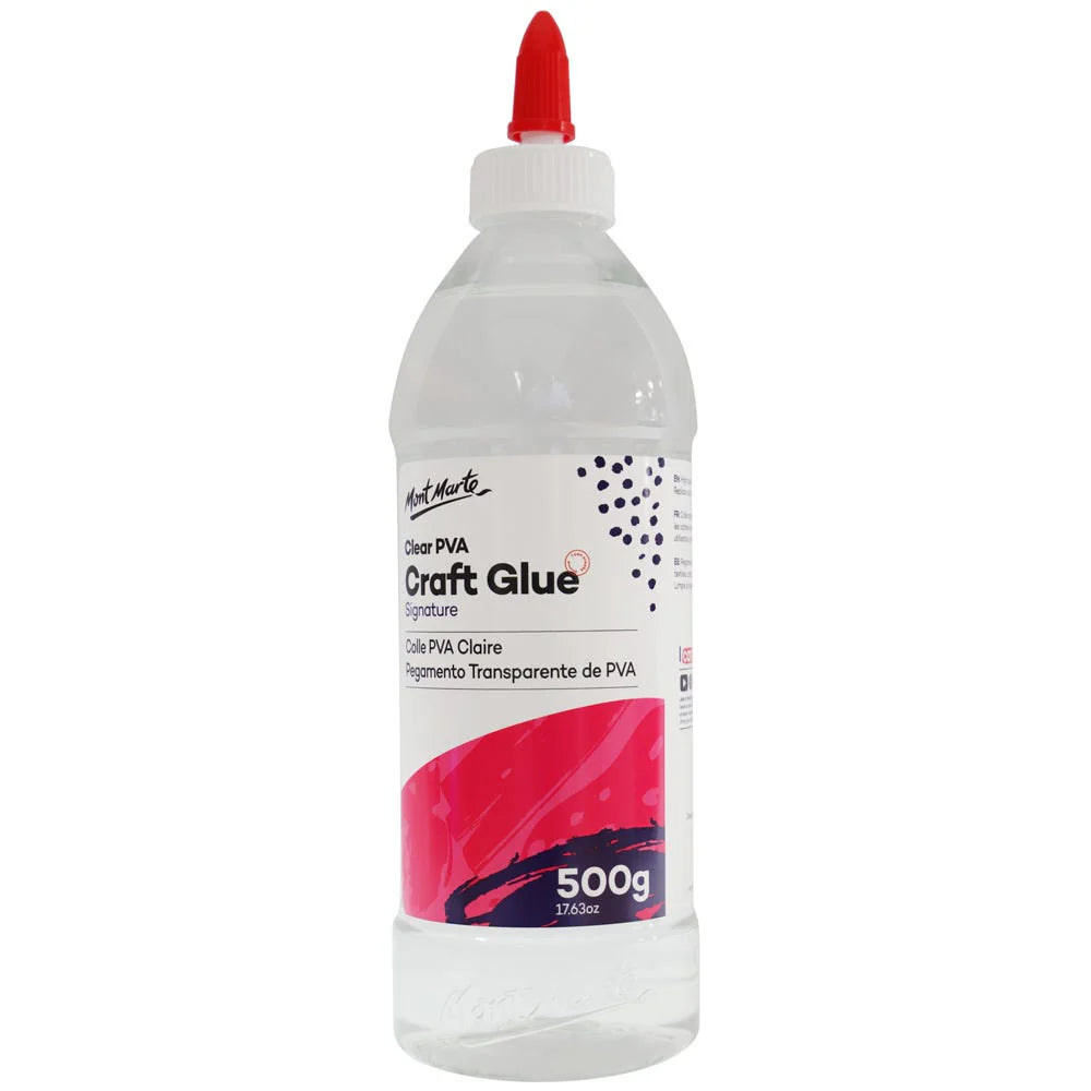 clear liquid glue; transparent plastic bottle; white label with pink and black design; red pointed nozzle cap;