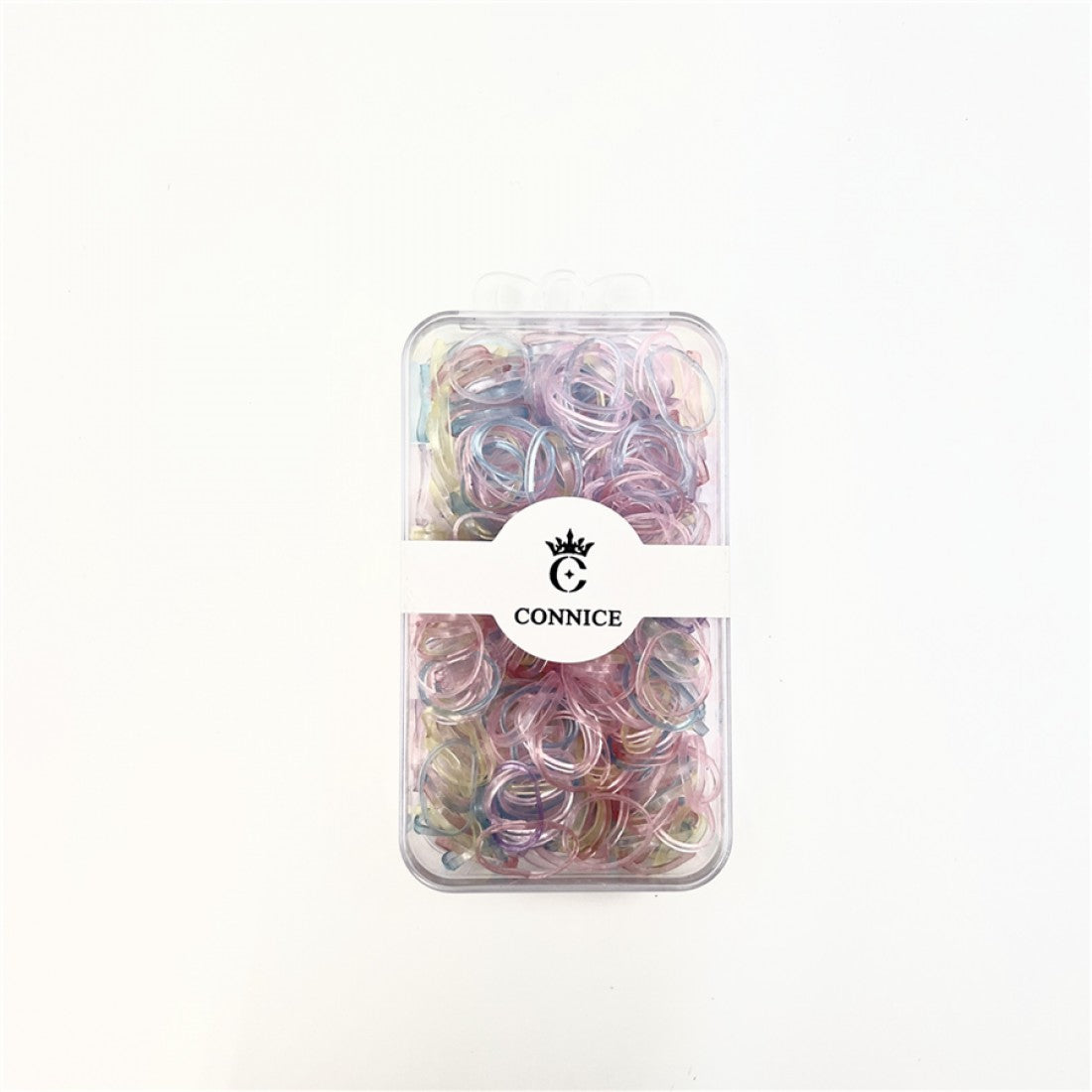 Compact clear plastic box packaging; Mixed pastel pink, blue and yellow tinted elastics; Small loop-style hair bands; White label with CONNICE branding on the box;