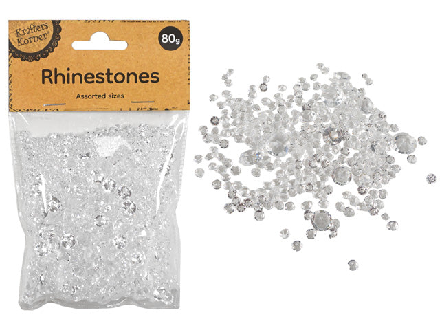 clear rhinestones; assorted sizes; soft plastic hanging pack; kraft paper label;