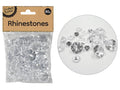 clear transparent rhinestones; assorted sizes; round faceted shapes; plastic packaging with kraft label;