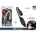 black coloured clip-on light; flexible neck design; LED bulb; packaged in clear plastic with cardboard backing; compact size suitable for travel;