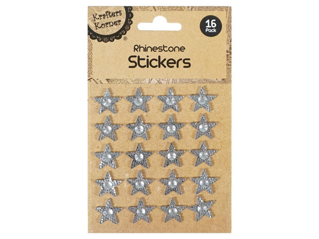 silver star-shaped rhinestone stickers; 16 stickers per pack; brown cardboard backing; stickers arranged in 4 rows of 4; packaged in clear plastic sleeve;