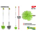 green dome-shaped brush head; white extendable handle; grey grip on handle; brush head has flexible bristles;