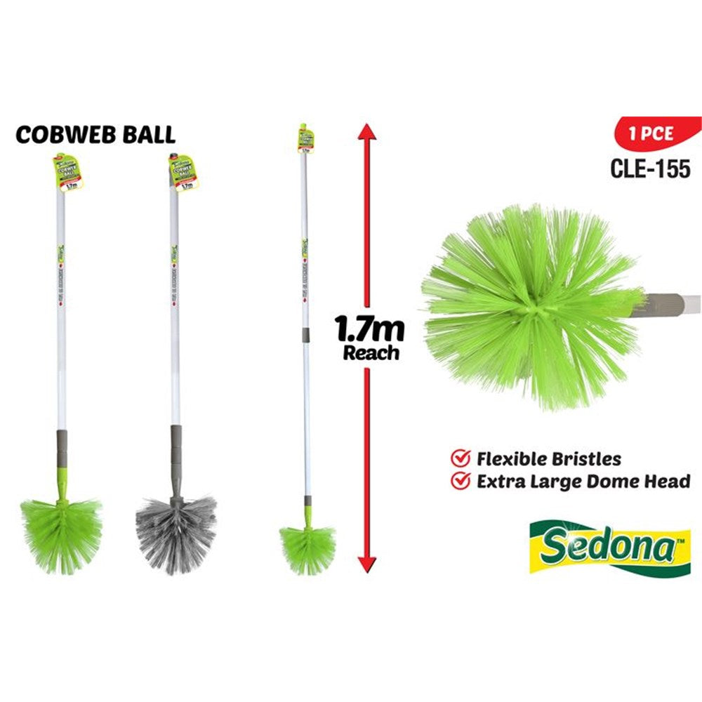 green dome-shaped brush head; white extendable handle; grey grip on handle; brush head has flexible bristles;