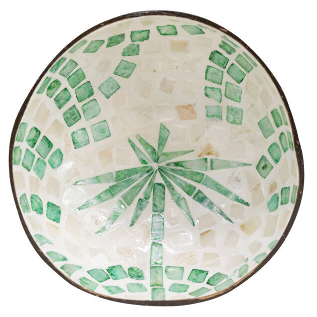 round bowl shape; deep green palm design; cream mosaic background; handcrafted coconut and capiz material;