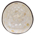 natural brown coconut shell outer; white and cream Mother of Pearl mosaic interior; whale shape detail in mosaic; round bowl shape; small size suitable for trinkets;