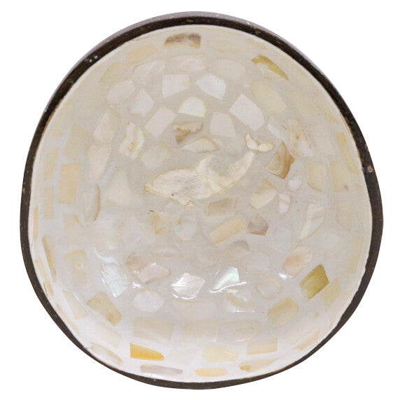 natural brown coconut shell outer; white and cream Mother of Pearl mosaic interior; whale shape detail in mosaic; round bowl shape; small size suitable for trinkets;