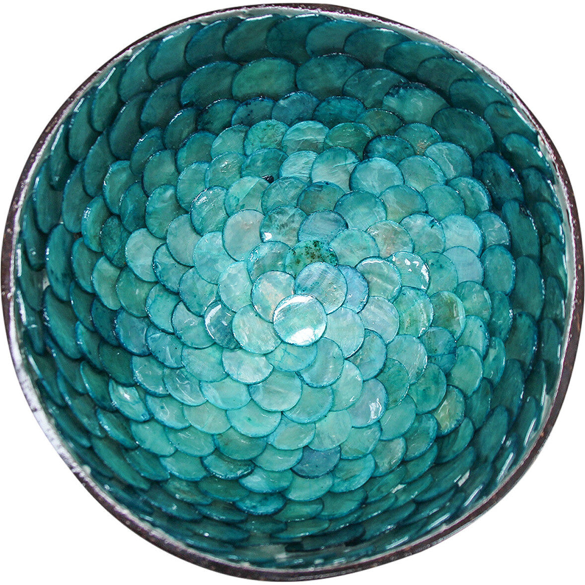 round bowl shape; iridescent blue colour; overlapping shell-like texture inside; slight gold edging visible; natural handmade material texture;
