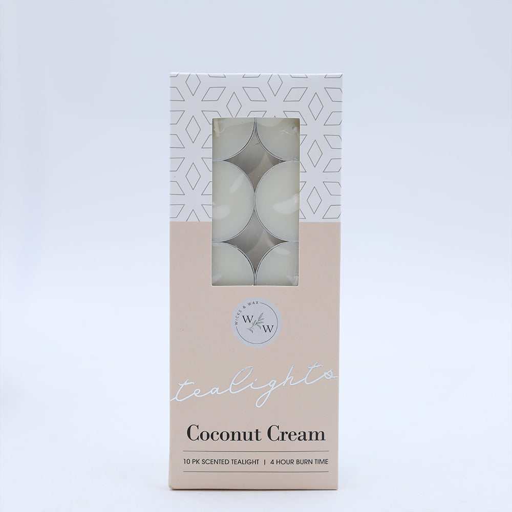white and beige packaging; 10 small round tealights visible; metal cups surrounding each tealight; text on box indicating scent and burn time;