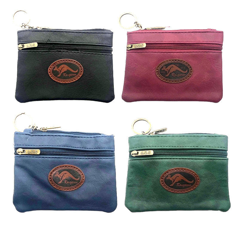 four small coin purses in black, burgundy, blue, and green; each purse has a zippered pocket and a secondary small zipper; keyring attached to each purse; brown oval kangaroo logo patch on front;
