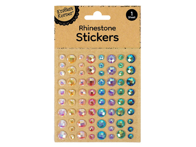 colour rhinestones in assorted sizes; round shape; multicoloured gems; visible adhesive backing; packaging shows 1 sheet on brown card backing;