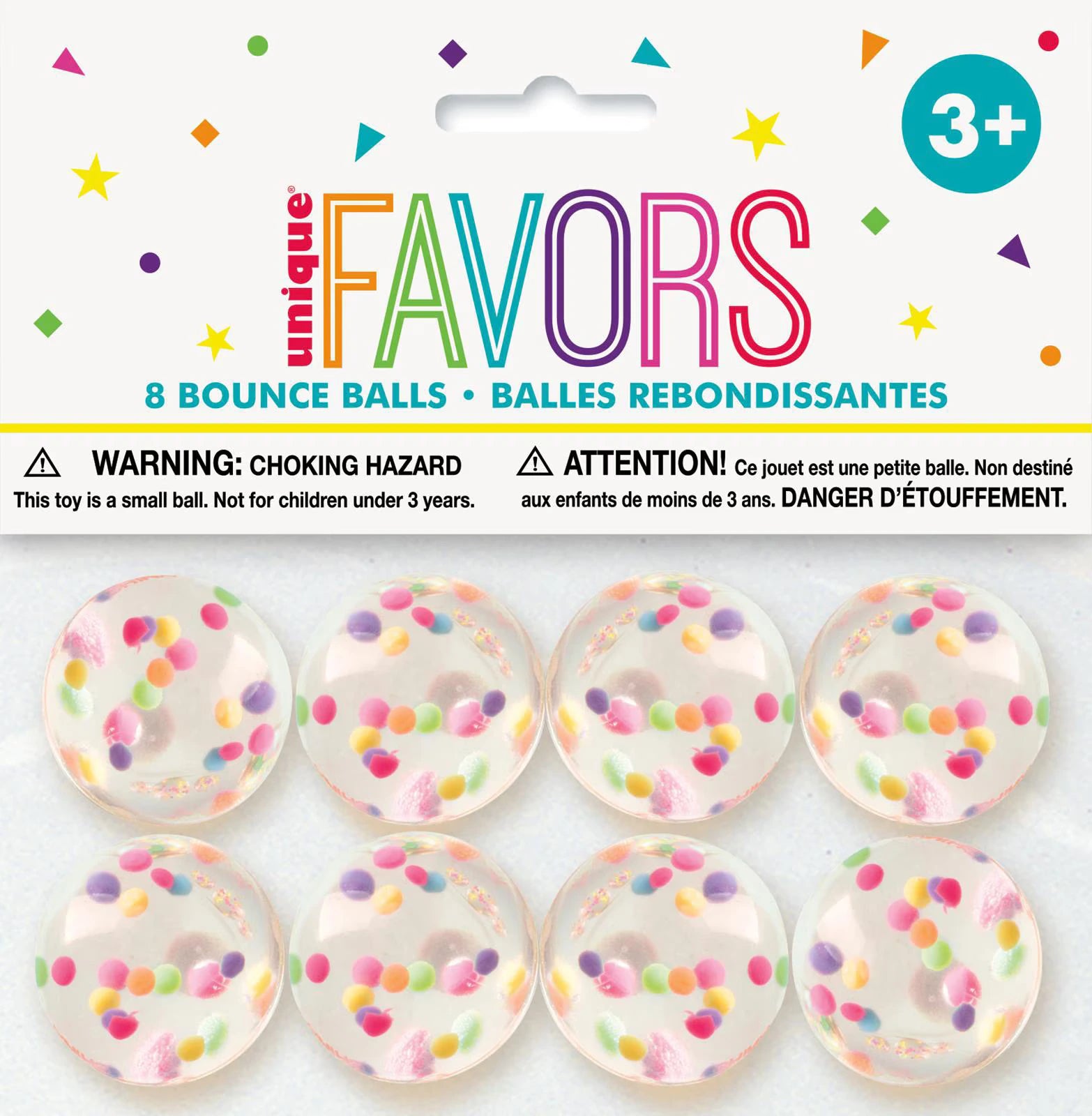 Set of 8 small clear bounce balls; Each ball contains colourful confetti dots; Balls are round and translucent; Packaging includes header card with colourful text; Recommended age 3+ shown on packaging;