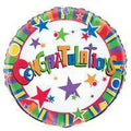 Round foil balloon; Multicoloured text and stars design; White background with colourful border; Size approximately 18 inches (45cm);