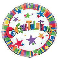 Round foil balloon; Multicoloured text and stars design; White background with colourful border; Size approximately 18 inches (45cm);