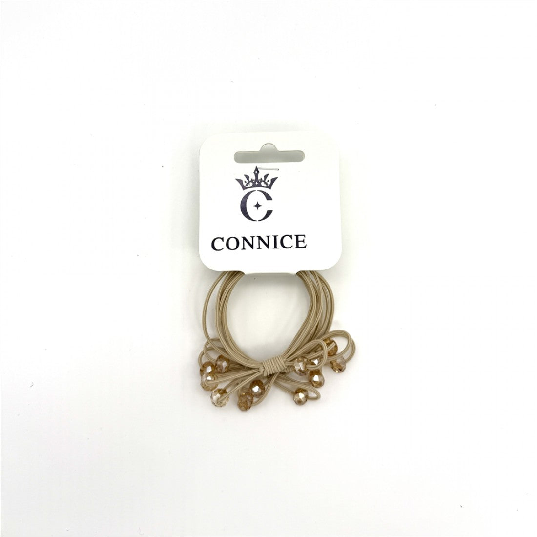 Beige elastic hair ties; Each tie features a double bow shape; Small faceted bead details on the ends; Packed on white Connice branded card;