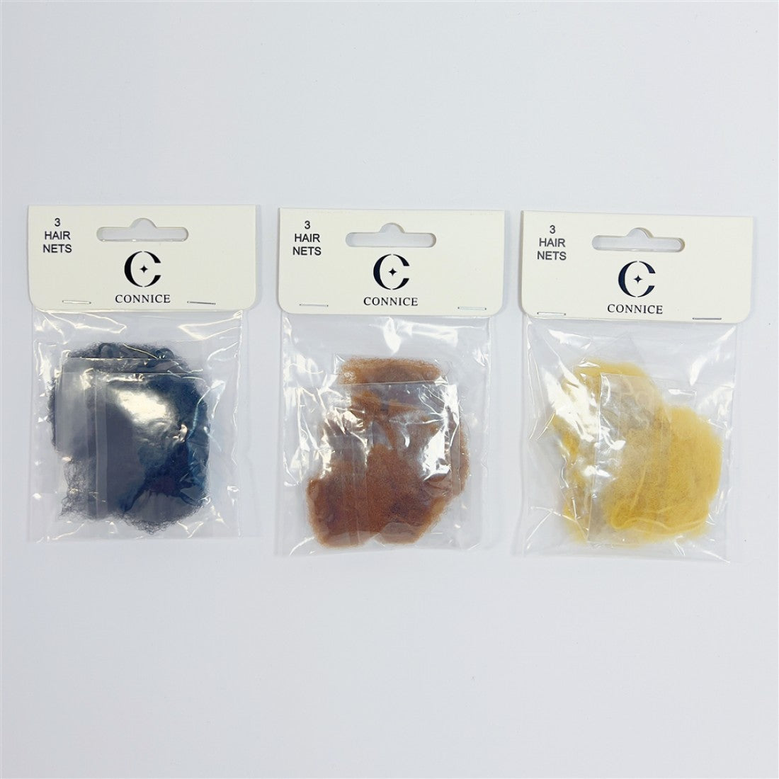 Three separate clear plastic packs shown; Each pack contains fine mesh hair nets; Visible colours: black, medium brown, light blonde; White hanging card packaging with Connice branding;
