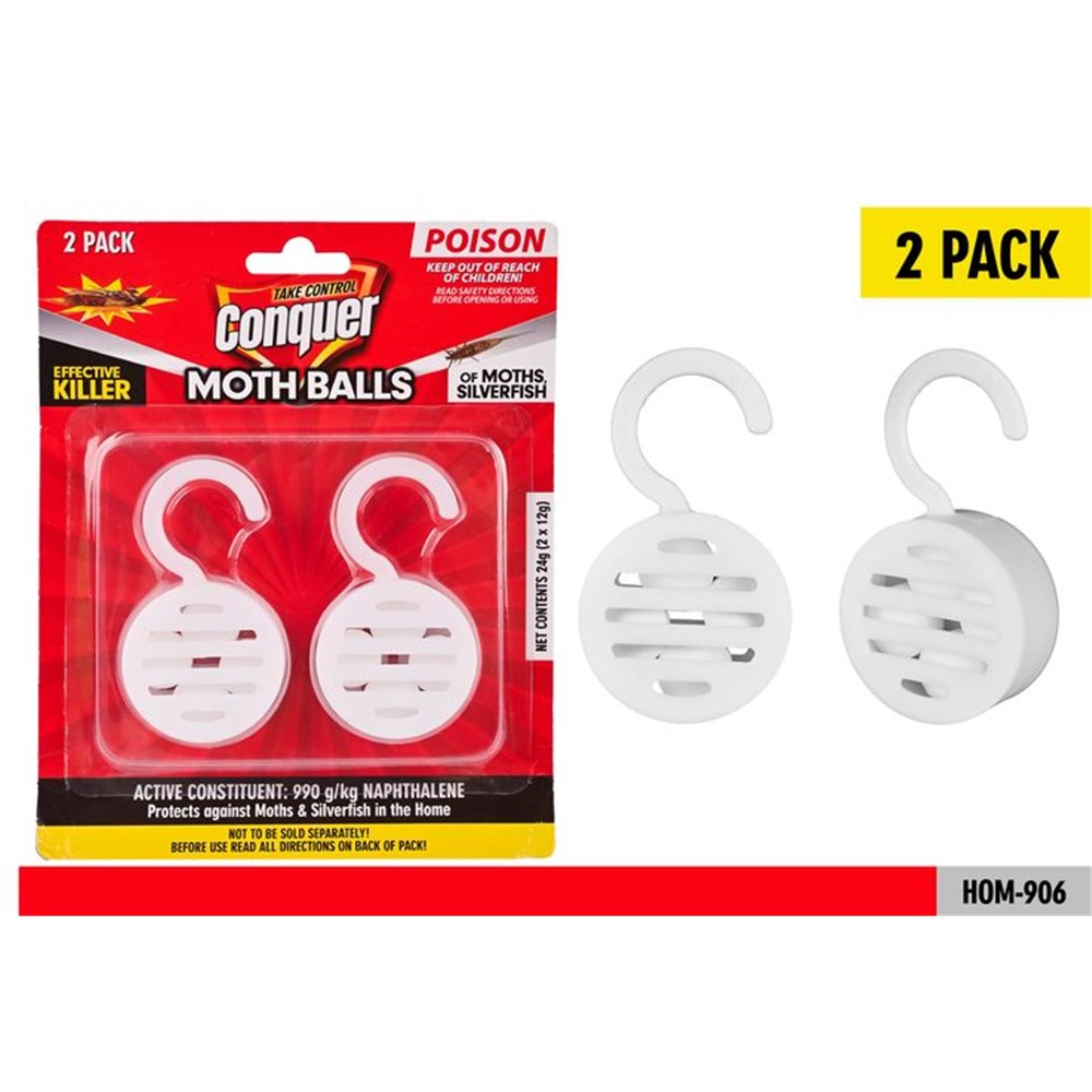white round plastic casing with ventilation slits; attached curved hook for hanging; pack of two moth balls in blister pack; red and yellow branded packaging;